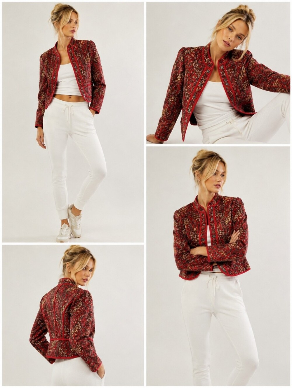 New Free People Zoey Quilted Jacket Cherry Combo Paisley Puff Shoulders